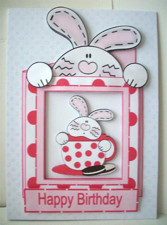 Bunny in a Tea Cup Happy Birthday Card in Spotty Pink by Ruth Murphy
