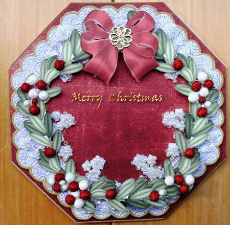 Mistletoe Dark Red Lace Octagon Decoupage Card Kit by Ruth Taylor