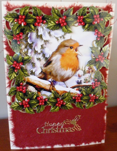 Christmas Robin & Holly on Red 6" Square Decoupage Card Kit by Ruth Taylor