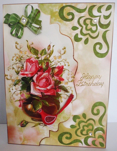 Pink Roses and Little Bird on Scallped Envelope by Ruth Taylor