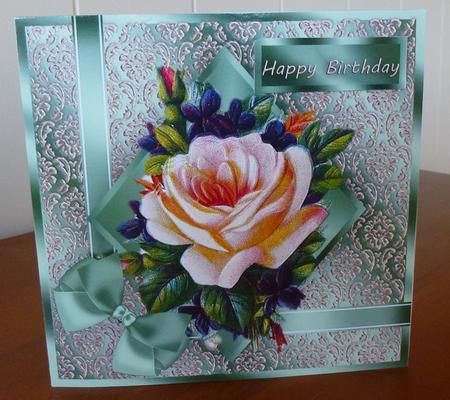 Blush Rose Square Decoupage Card Green by Ruth Taylor