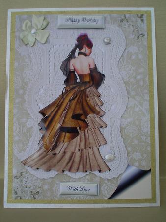 Elegant Lady in Gown on Ecru Lace with Pearls A4 Topper by Ruth Walters