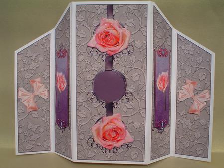Pink Rose on Grey Theatre Fold Panel Card by Ruth Walters