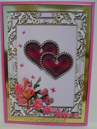 A4 Two Red Jeweled Hearts & Flowers on Light Soft Grey by Ruth Walters