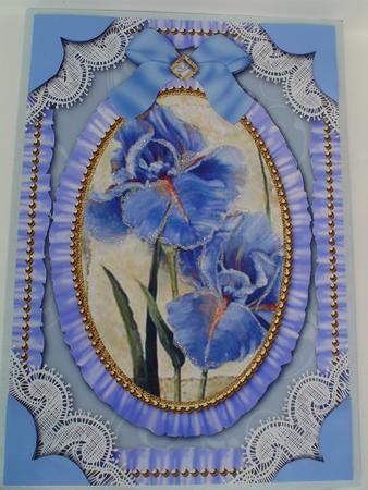Blue Iris Lace N Ruffles Card Front Step by Step by Ruth Walters