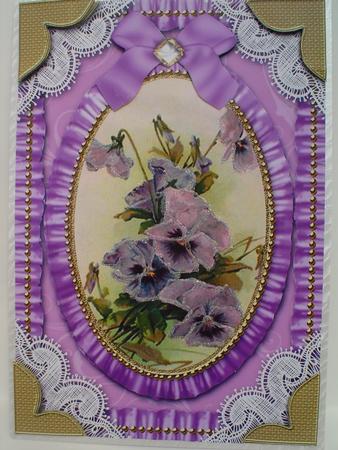 Lilac Pansy Lace N Ruffles Card Front Step by Step by Ruth Walters