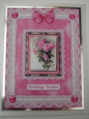 Pink Roses Wavey Edge Corner Stacker 'n Lace Card Front by Ruth Walters