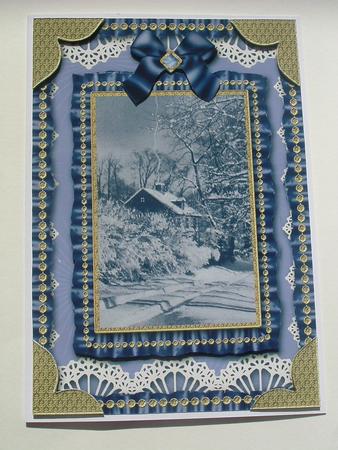 Christmas Blue Snow Scene Ruffle Card Front by Ruth Walters
