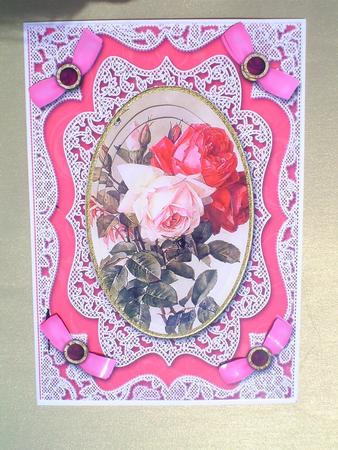 Pink Roses A5 Oval Lace Card Front Step by Step by Ruth Walters