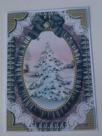 Snowy Christmas Tree Lace N Ruffles Card Front by Ruth Walters