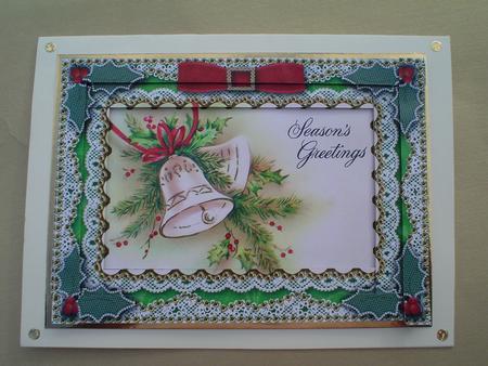Seasons Greetings Bell Spiral Edge Stacker 7x5in Card Front by Ruth Walters