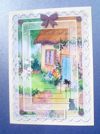 Cats at the Cottage Lace Card Front with Pyramid by Ruth Walters