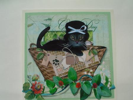 Lucky Black Cat in a Basket Decoupage by Ruth Walters