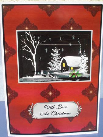 Black & White Christmas Scene on Red Background by Ruth Walters