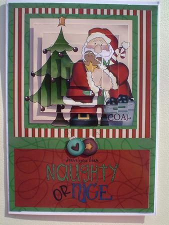 Naughty or Nice Christmas Santa Pyramid Card Front by Ruth Walters