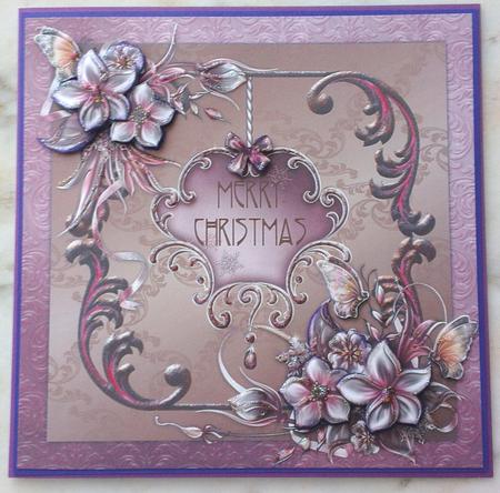 Christmas Winter Flowers 8x8 Decoupage Card - Pink & Brown by S Norris