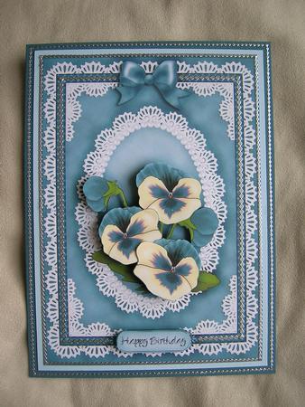 A5 Pansy, Lace and Pearls Quick Card with 3D Decoupage by Sabrina Eeles