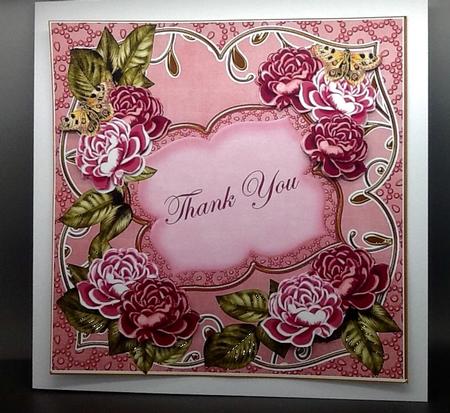 Pink Roses Thank You Fancy 7in Deco Topper by Sally Dowling