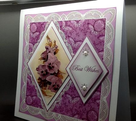 Pansies Best Wishes 7in Double Diamond Topper by Sally Dowling