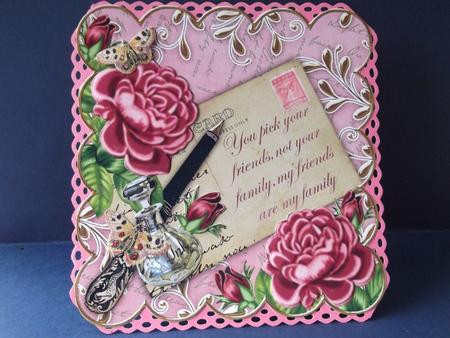 Pink Rose Pink Friends Are Family 8in Decoupage Topper by Sally Hickling