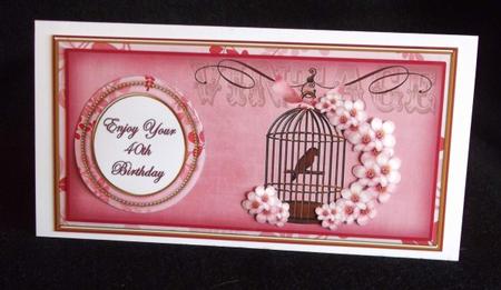 Pink Birdcage 40th Birthday Dl Decoupage Topper by Sally Hickling