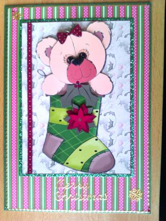 Christmas Stocking Teddy Card Front and Step by Step by S. Corbey