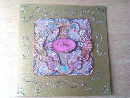 Multi Mix Diva 3D Rosette Decoupage Card Front by Sandra Corbey