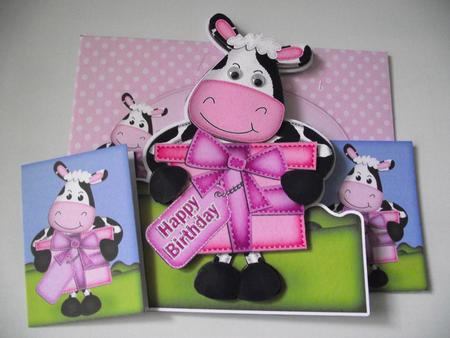 Milly Moo Cow's Present - Shaped Card with Decoupage by Sandra Corbey
