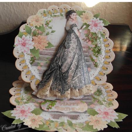 Victorian Lady Camellia Scalloped Round Easel Card by S. Corbey