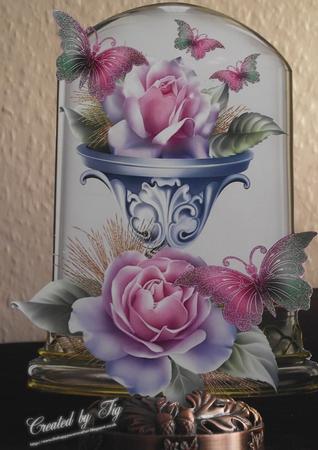 Pink Roses, in a Pretty Urn with Butterflies in Glass Dome by S. Corbey