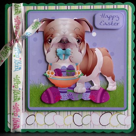 Cute Easter Bulldog Card with Eggs and Basket by Sandra Corbey