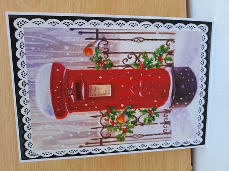 Red Pillar  Box with Robins in the Snow A5 Black lace frame by Sandra Upton