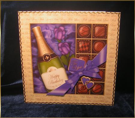 Birthday Champers Chocs N Roses Quick Card 3D Decoupage by Sandra Carlse