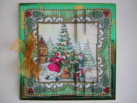 Santa Decorating Tree All 4 Corner Stacker Card Front by Sandra Carlse
