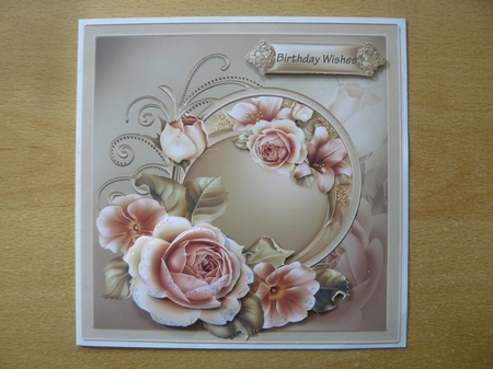 Summer rose 7x7 card with decoupage by Sandy Kingdon