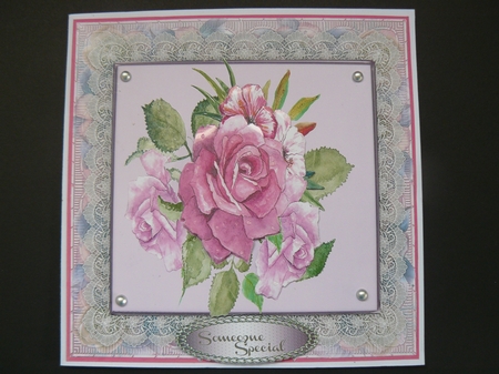 Water Coloured Pink Roses oin Vintage Lace  by Sandy Kingdon