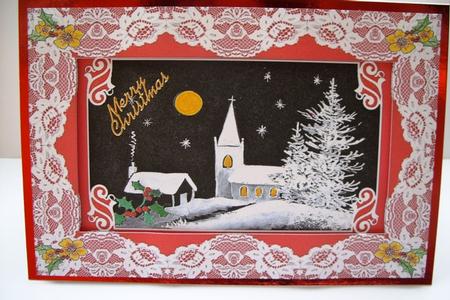 Winter Snowscene with Lace Border and Winter Rose by Sarah Coulson