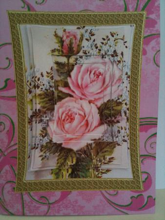 Pink Roses Curved Gold Frame Card by Ann Cunningham
