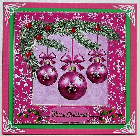 Pink Christmas baubles card front by Selina Dittmann