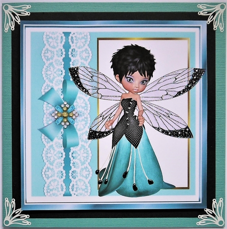 Turq with lace border and bow with window and faerie 8x8 card front frame by Selina Dittmann
