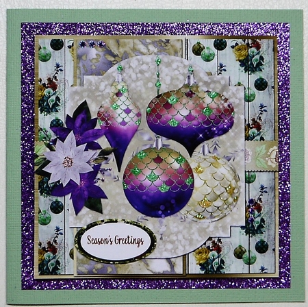 8 x 8 Card Front Gold/Purple Christmas Baubles 6 with Sentiments by Selina Dittmann