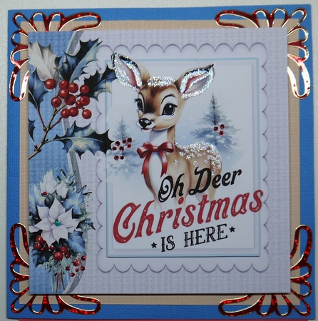 Cute Deer With Holly And Berries 8x8 Card Front Blue by Selina Dittmann