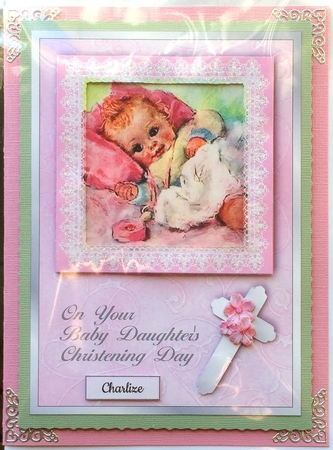 Baby Girl's Christening - Card Front with 3D Lace Frame by Selina Dittmann