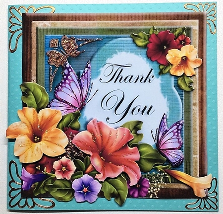 Petunias and Butterflies Thank You Square Card Topper by Selina Dittmann