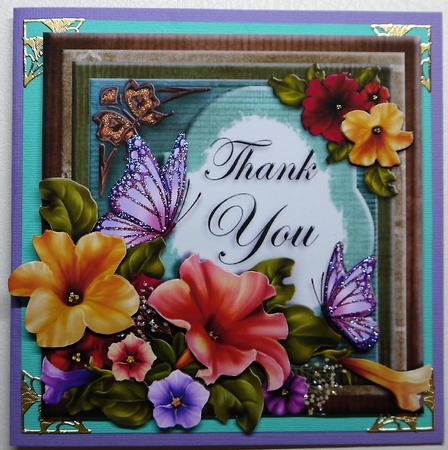 Petunias and Butterflies Thank You Square Card Topper by Selina Dittmann