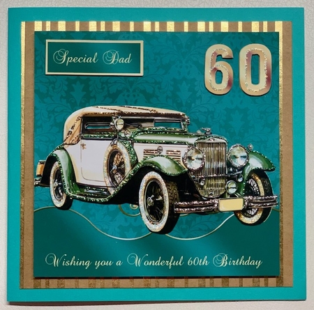 60th Birthday card front with Vintage MG & decoupage. Family tags by Selina Dittmann