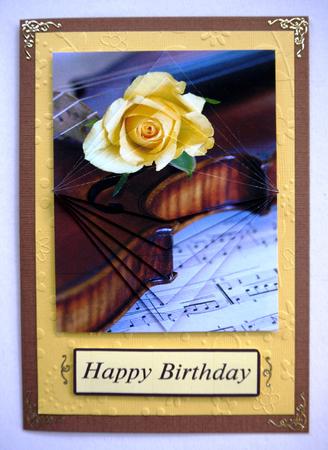 Yellow Rose on Violin Decreasing Diamonds Birthday Card by Selina Dittmann