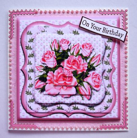 Framed Pink Roses Pyramid Square Card Front by Selina Dittmann