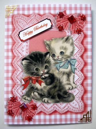 Sweet Little Kittens in Lace Frame & Red Frill Bow A5 by Selina Dittmann