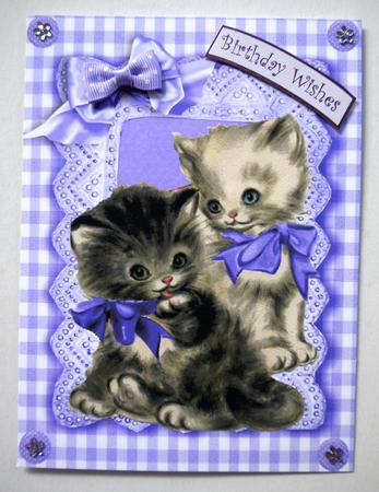 Sweet Little Kittens in Purple Gingham and Lace A5 by Selina Dittmann